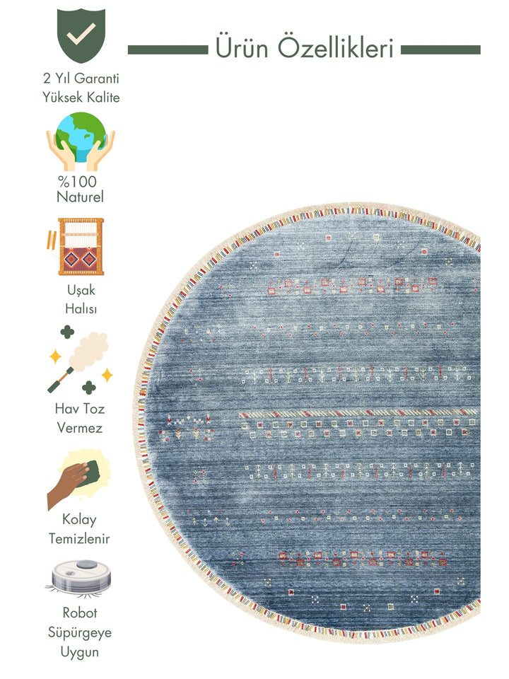 Oushak Carnaval 100% Natural Easy to Clean Handmade Round Uşak Carpet 06 BLUE Q