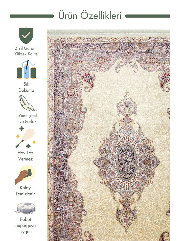 Topkapi Series High Quality Dense Woven Classic Patterned Special Shiny Living Room Carpet 02 CREAM