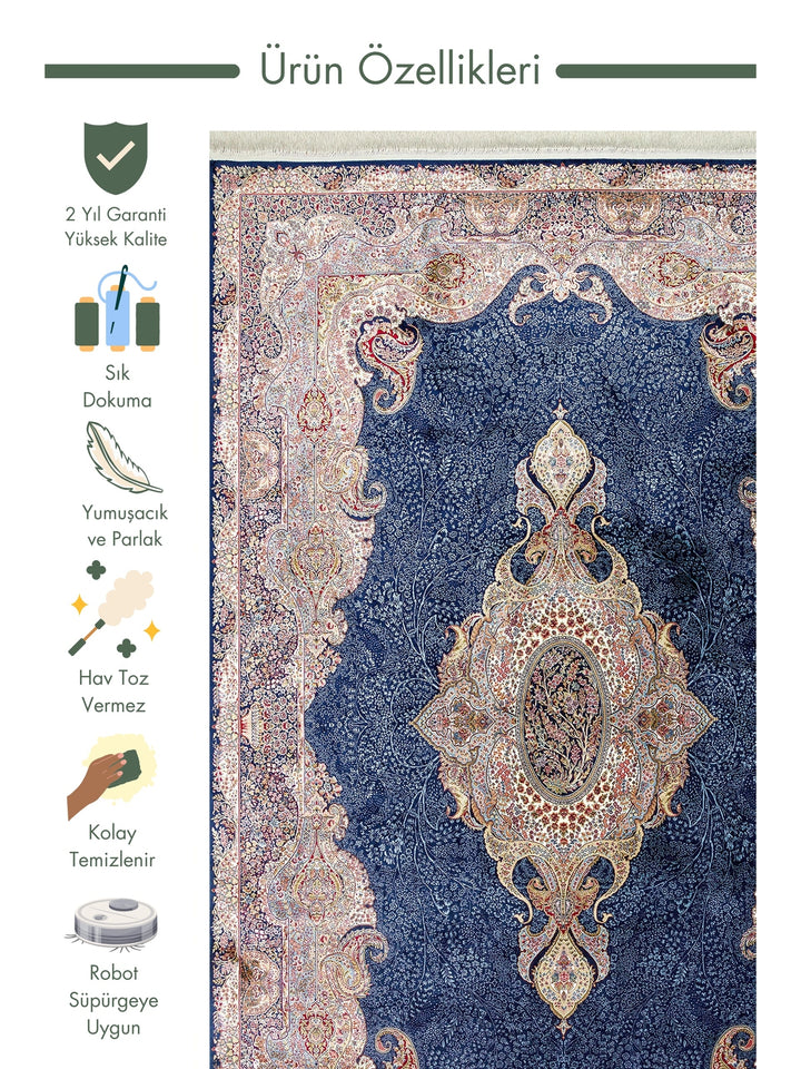 Topkapi Series High Quality Dense Woven Classic Patterned Special Shiny Living Room Carpet 02 NAVY