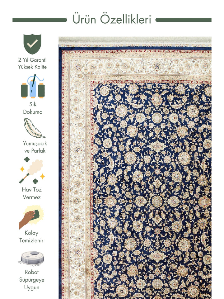 Topkapi Series High Quality Dense Woven Classic Patterned Special Shiny Living Room Carpet 03 NAVY CREAM