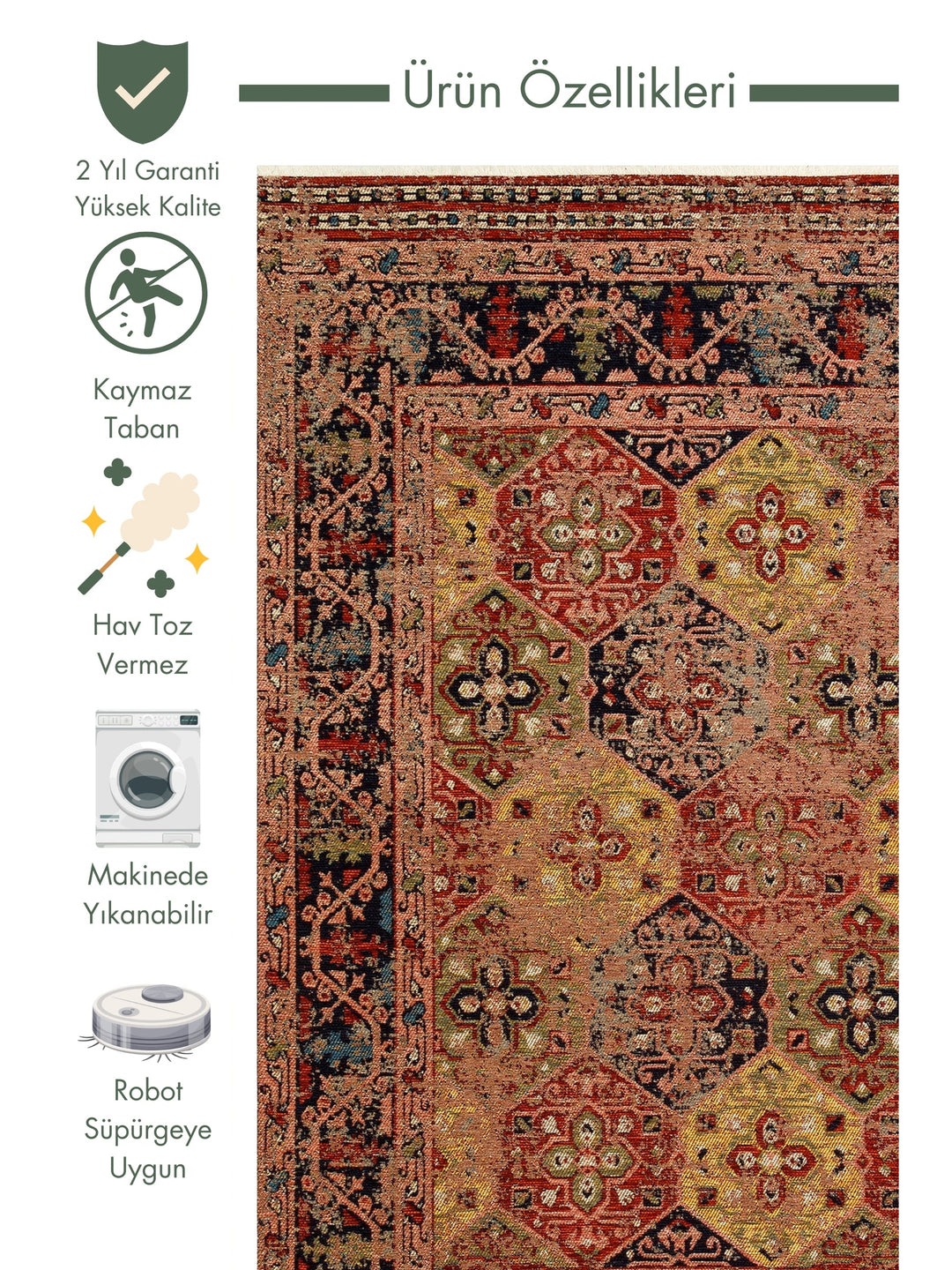 Cappadocia Antique Patterned Living Room Hall Kitchen Corridor Washable Non-Slip Based Rug 01 MULTY