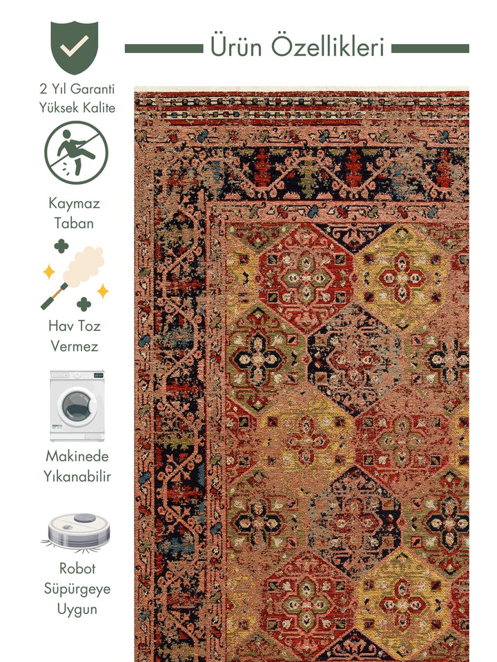 Cappadocia Antique Patterned Living Room Hall Kitchen Corridor Washable Non-Slip Based Rug 01 MULTY