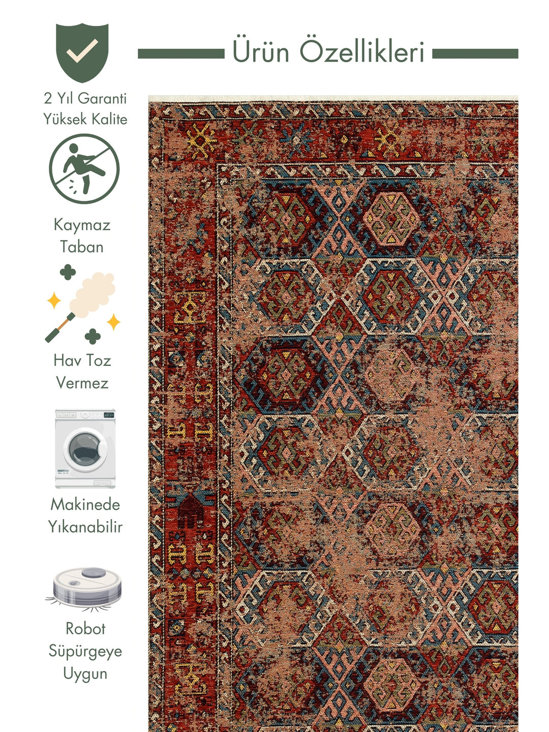 Cappadocia Antique Patterned Living Room Hall Kitchen Corridor Washable Non-Slip Based Rug 03 MULTY