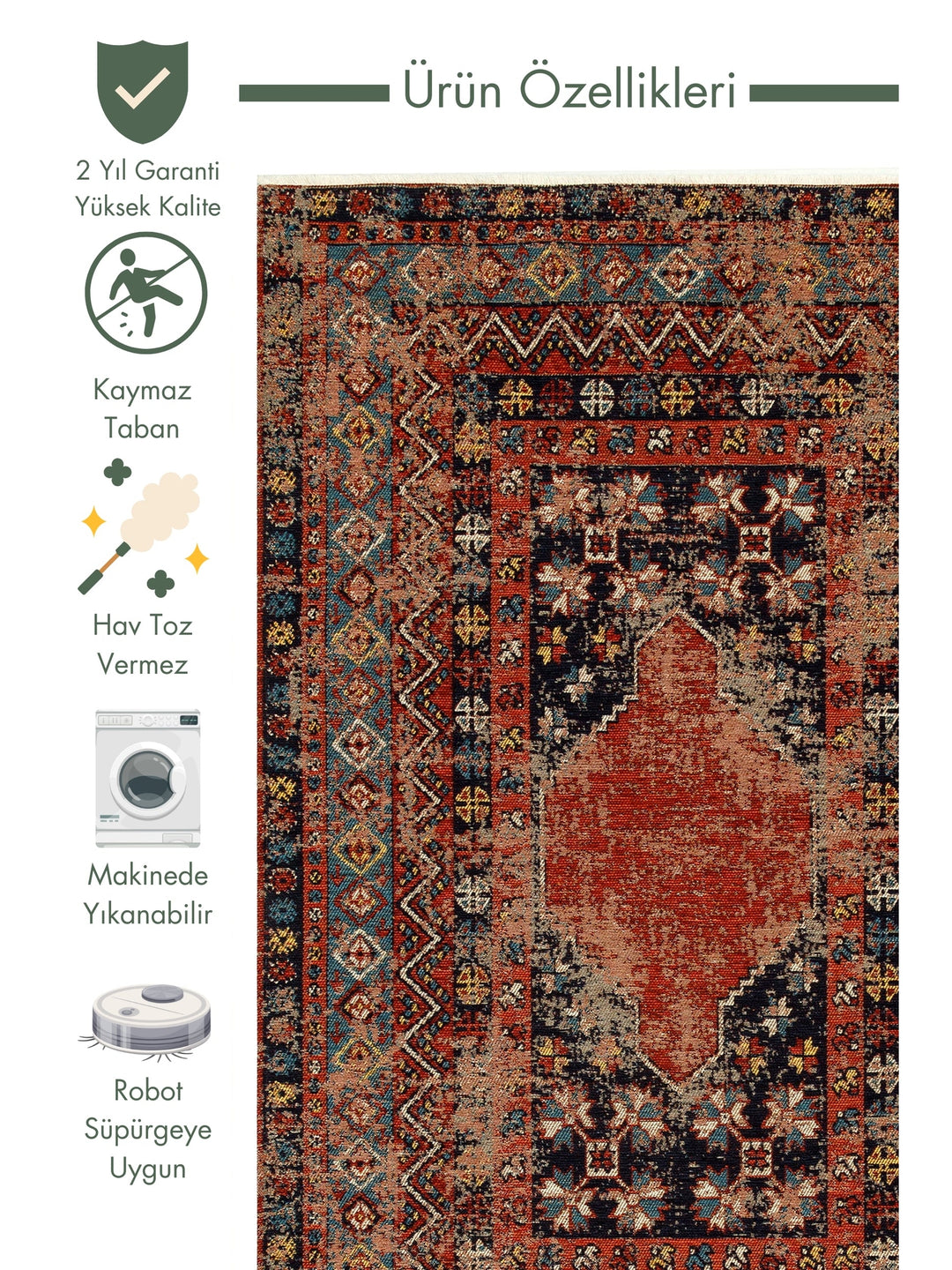 Cappadocia Antique Patterned Living Room Hall Kitchen Corridor Washable Non-Slip Based Rug 04 MULTY