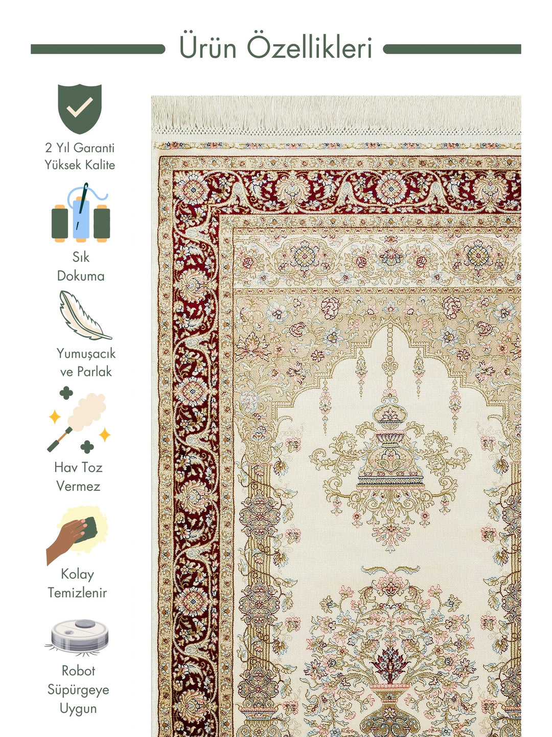 Topkapi Prayer Rug Classic Patterned High Quality Special Shiny Gift Dowry Prayer Rug 01CREAMRED