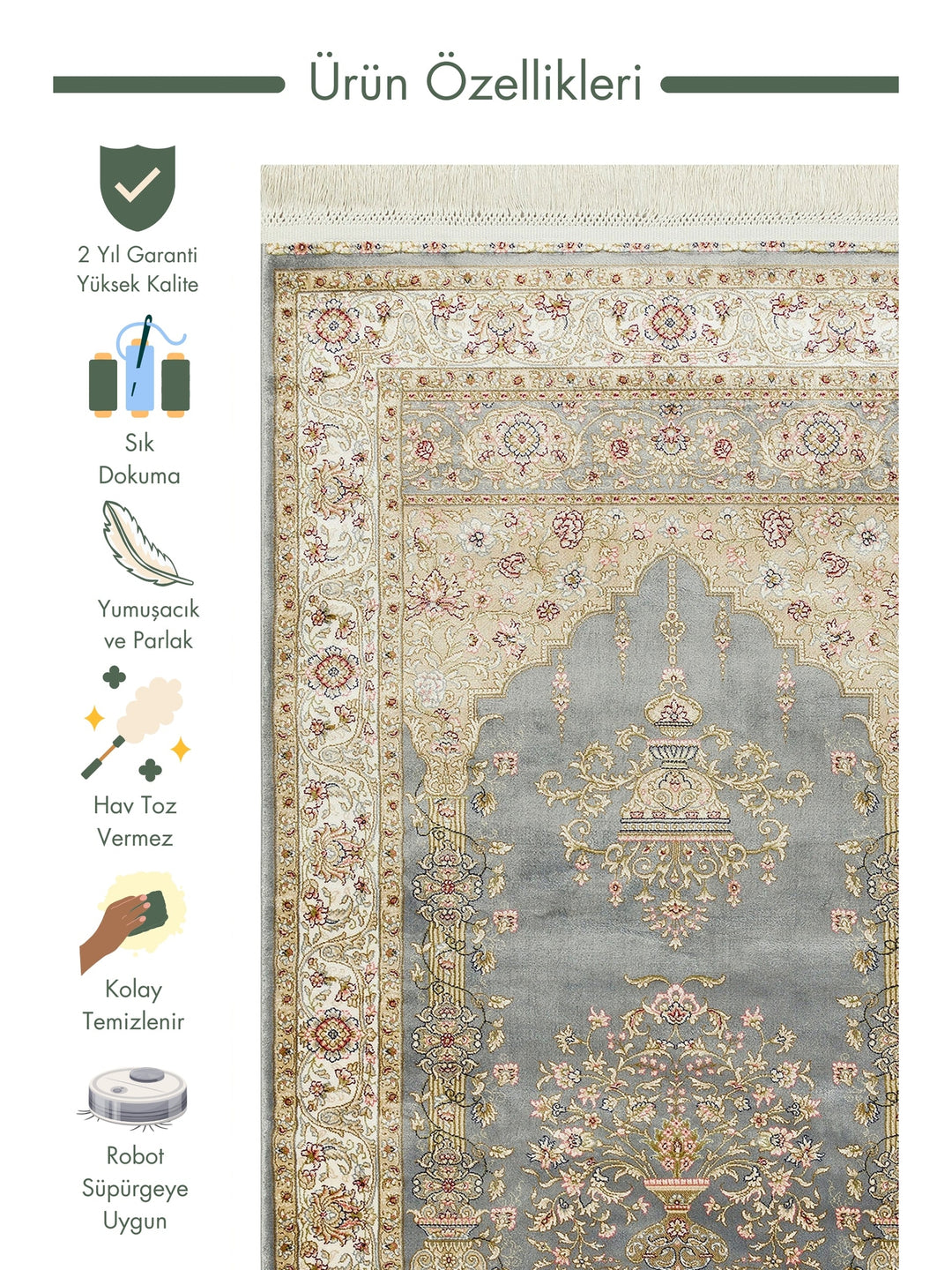 Topkapi Prayer Rug Classic Patterned High Quality Special Shiny Gift Dowry Prayer Rug 01 GREY