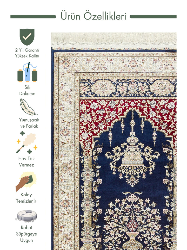 Topkapi Prayer Rug Classic Patterned High Quality Special Shiny Gift Dowry Prayer Rug 01 NAVY