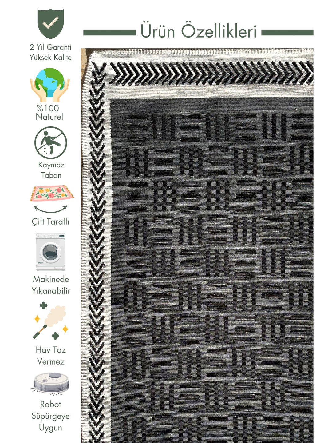 Maya Neo 100% Natural Cotton Washable Double Sided Living Room Kitchen Hallway Modern Rug 3ATWH