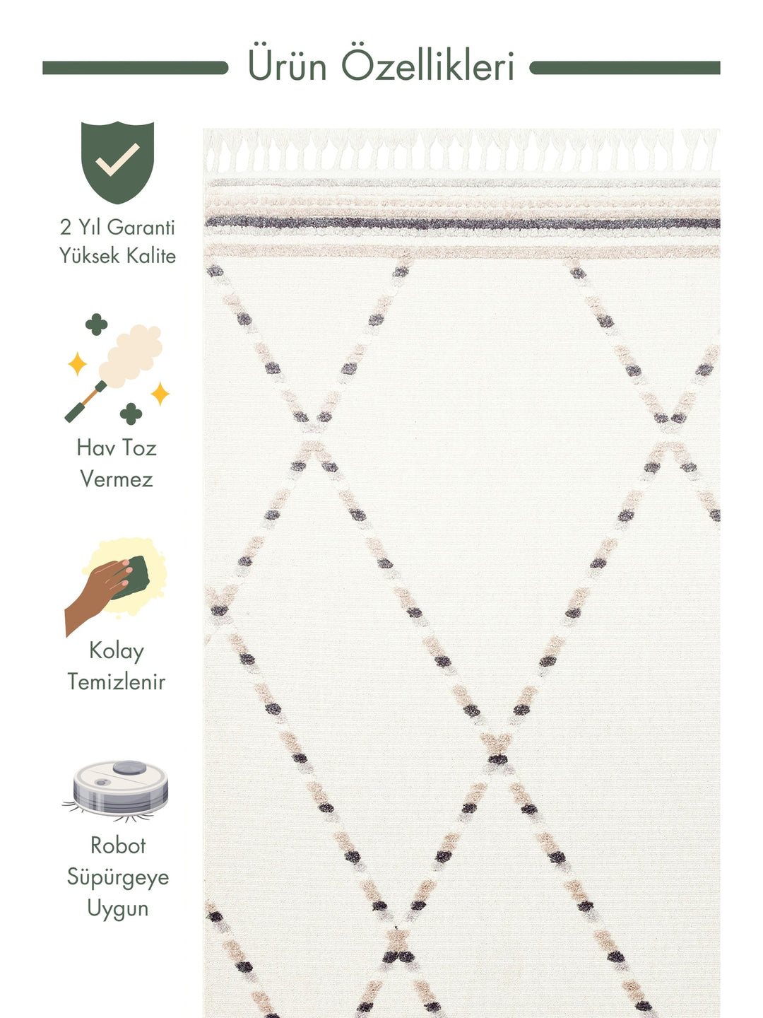 Tabasco Series Ethnic Patterned Living Room Hall Hallway Modern Scandinavian Carpet TAB 04 WHITE BEIGE