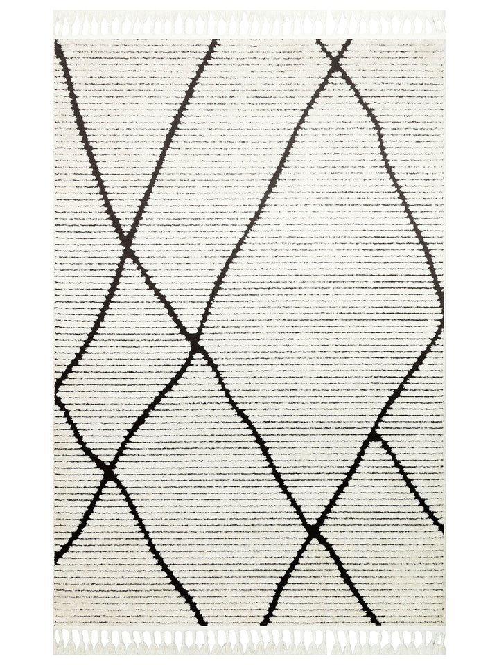 Tabasco Series Ethnic Patterned Living Room Hall Hallway Modern Scandinavian Carpet TAB 07 WHITE BLACK