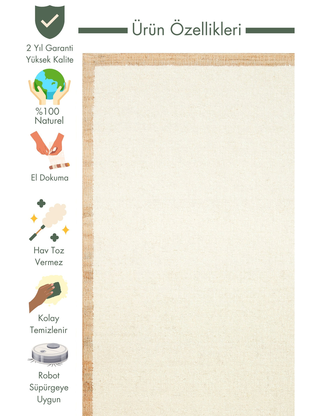 Urumchi 100% Natural Wool Jute Mix Living Room Hall Hallway Kitchen Hand Woven Carpet 01KREMNATURAL