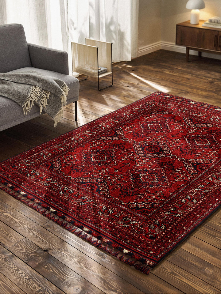 Uyghur Afghan Yagcibedir Patterned Washable Non-Slip Living Room Hall Hallway Fine Woven Carpet 05 RED