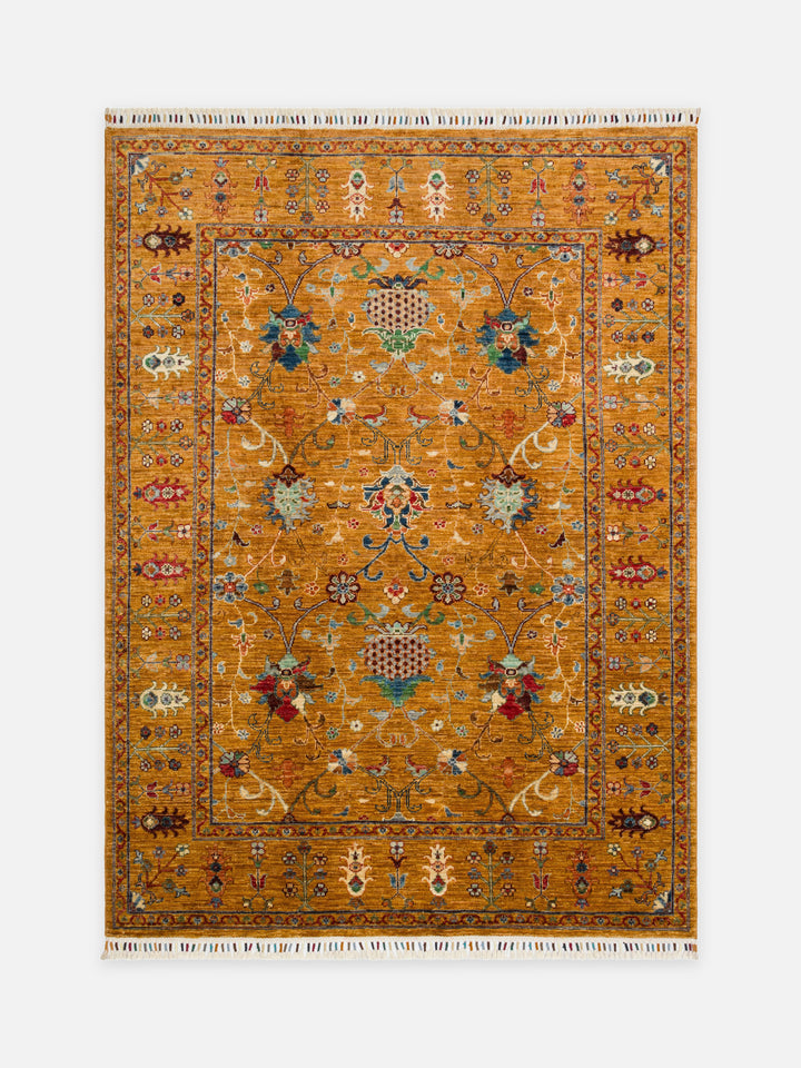 El dokuma Afgan halı safran nar çiçeği desenli 153x211 cm kuşbakışı tam görünüm