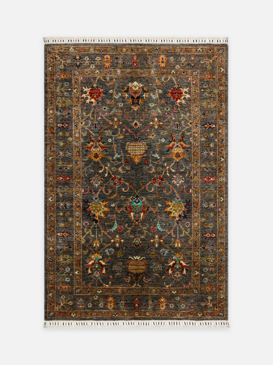 El dokuma Afgan halı haki ziegler bahçe desenli 210x304 cm kuşbakışı tam görünüm