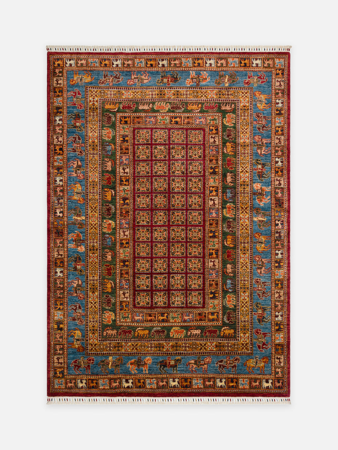 El dokuma Afgan halı kırmızı pano ve hayvan frizi desenli 176x246 cm kuşbakışı tam görünüm