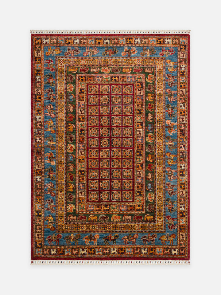 El dokuma Afgan halı kırmızı pano ve hayvan frizi desenli 176x246 cm kuşbakışı tam görünüm