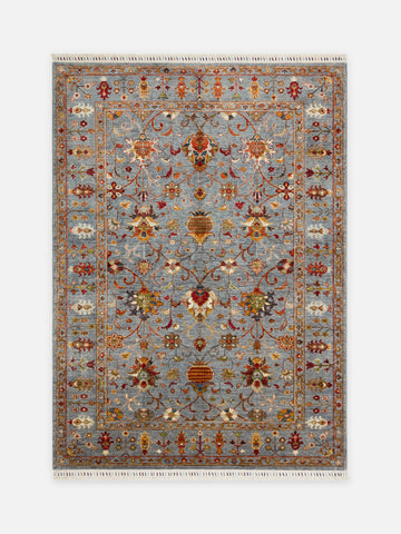El dokuma Afgan halı buz mavisi sultanabad palmet desenli 176x241 cm kuşbakışı tam görünüm