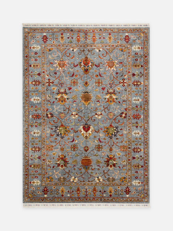 El dokuma Afgan halı buz mavisi sultanabad palmet desenli 176x241 cm kuşbakışı tam görünüm