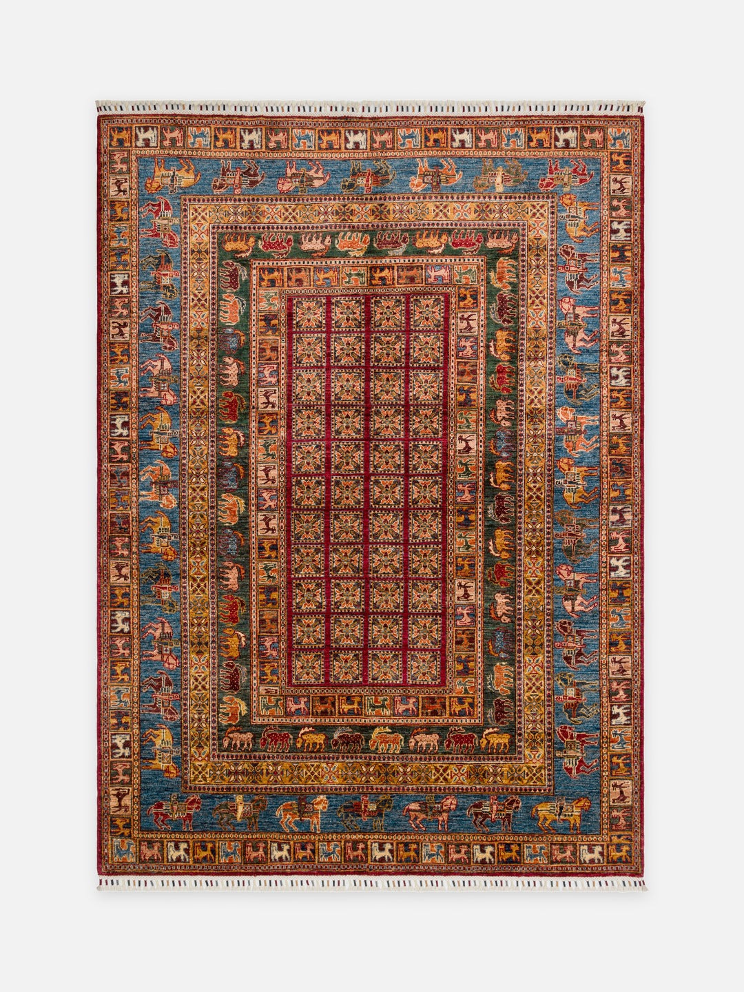 El dokuma Afgan halı bordo hayvan frizi desenli 176x246 cm kuşbakışı tam görünüm