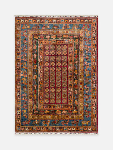 El dokuma Afgan halı bordo hayvan frizi desenli 176x246 cm kuşbakışı tam görünüm