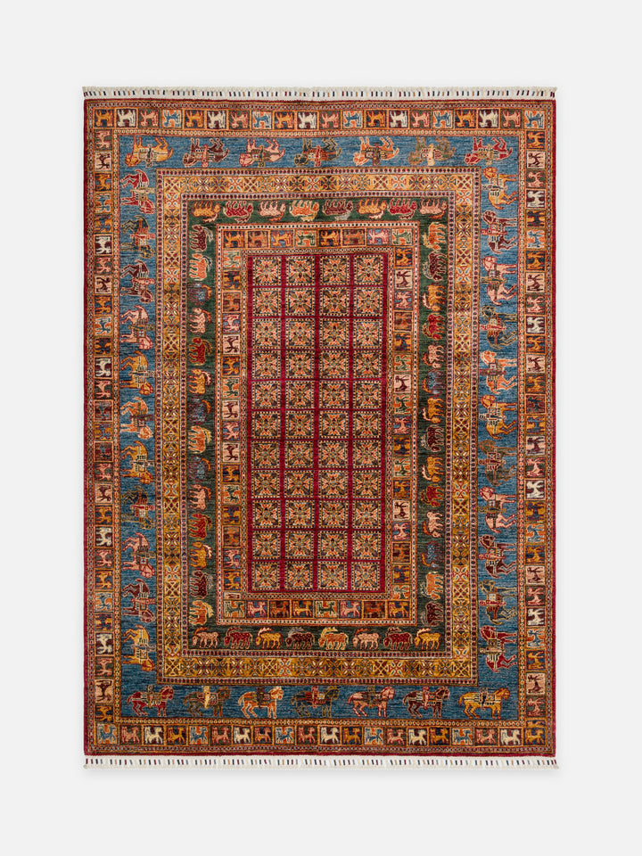 El dokuma Afgan halı bordo hayvan frizi desenli 176x246 cm kuşbakışı tam görünüm