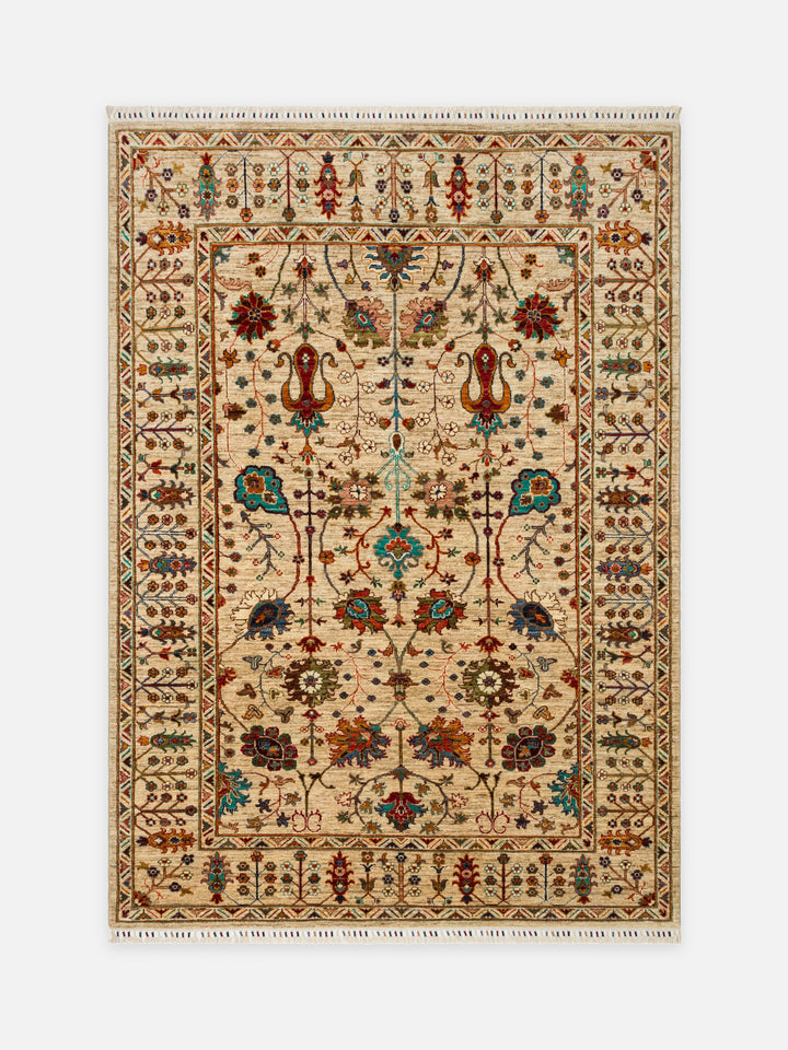 El dokuma Afgan halı bej sultanabad çiçek desenli 173x242 cm kuşbakışı tam görünüm