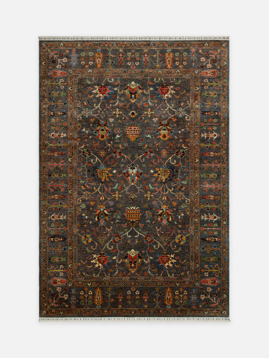 El dokuma Afgan halı füme göçebe çiçeği desenli 210x304 cm kuşbakışı tam görünüm