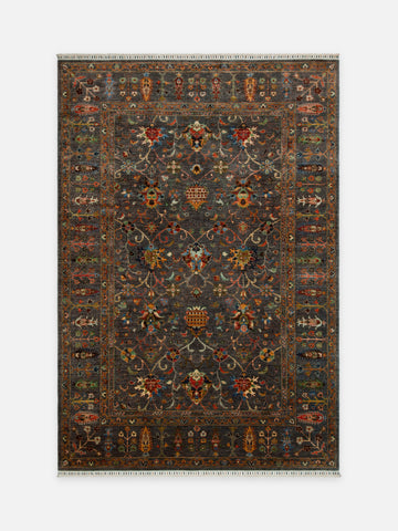 El dokuma Afgan halı füme göçebe çiçeği desenli 210x304 cm kuşbakışı tam görünüm