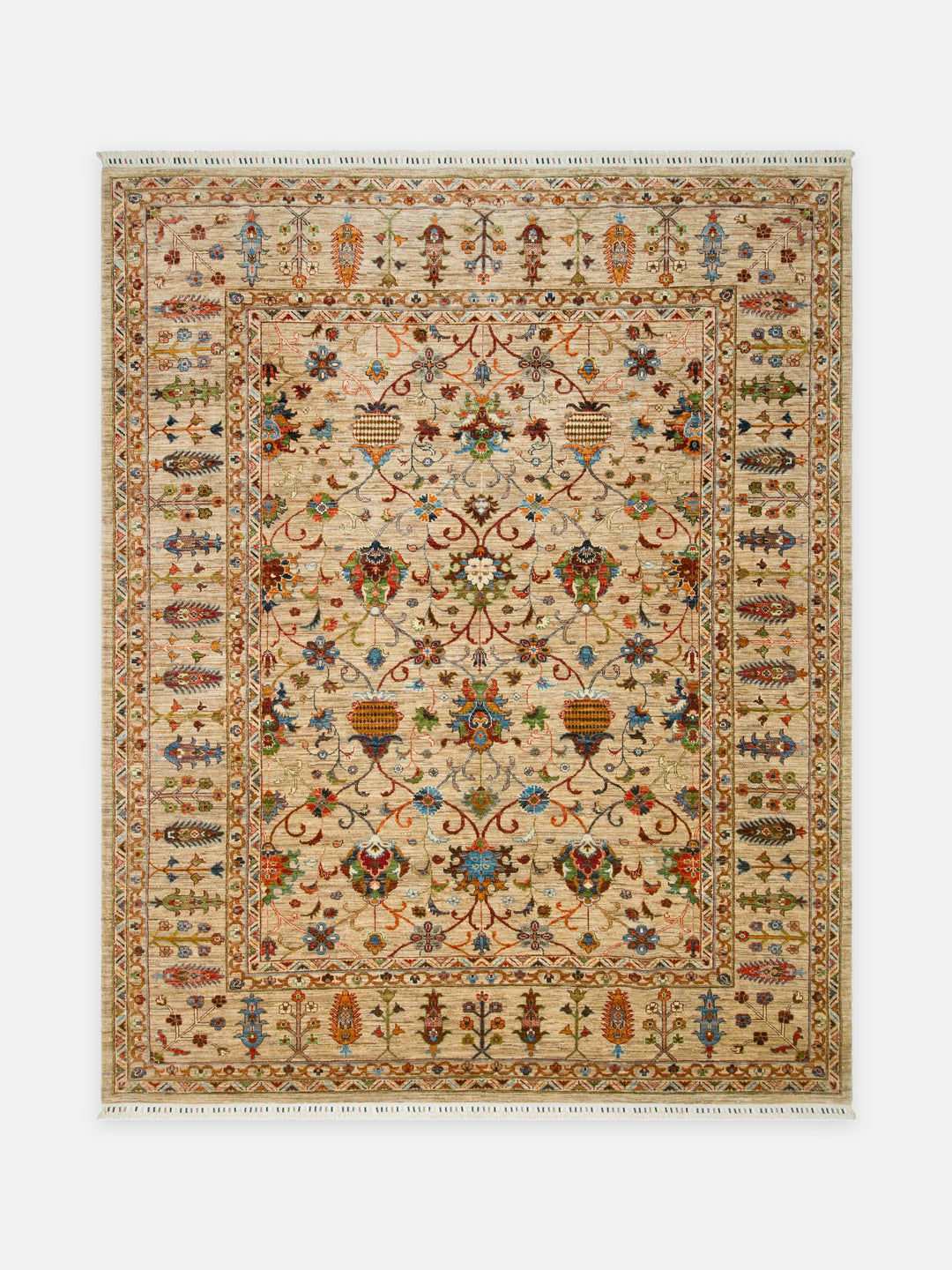 El dokuma Afgan halı kum beji ziegler çiçek desenli 237x295 cm kuşbakışı tam görünüm
