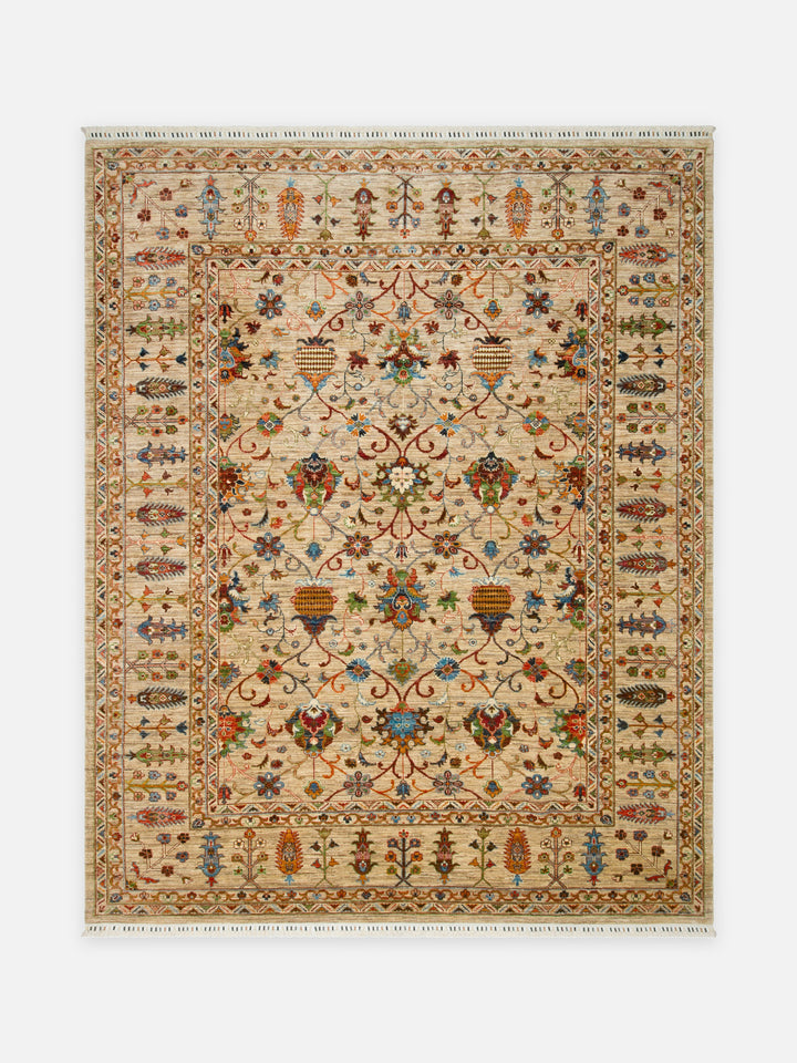 El dokuma Afgan halı kum beji ziegler çiçek desenli 237x295 cm kuşbakışı tam görünüm
