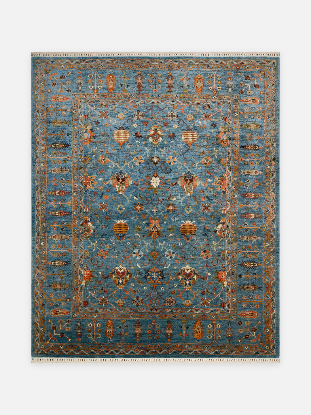El dokuma Afgan halı petrol mavisi bahar dalı desenli 242x291 cm kuşbakışı tam görünüm