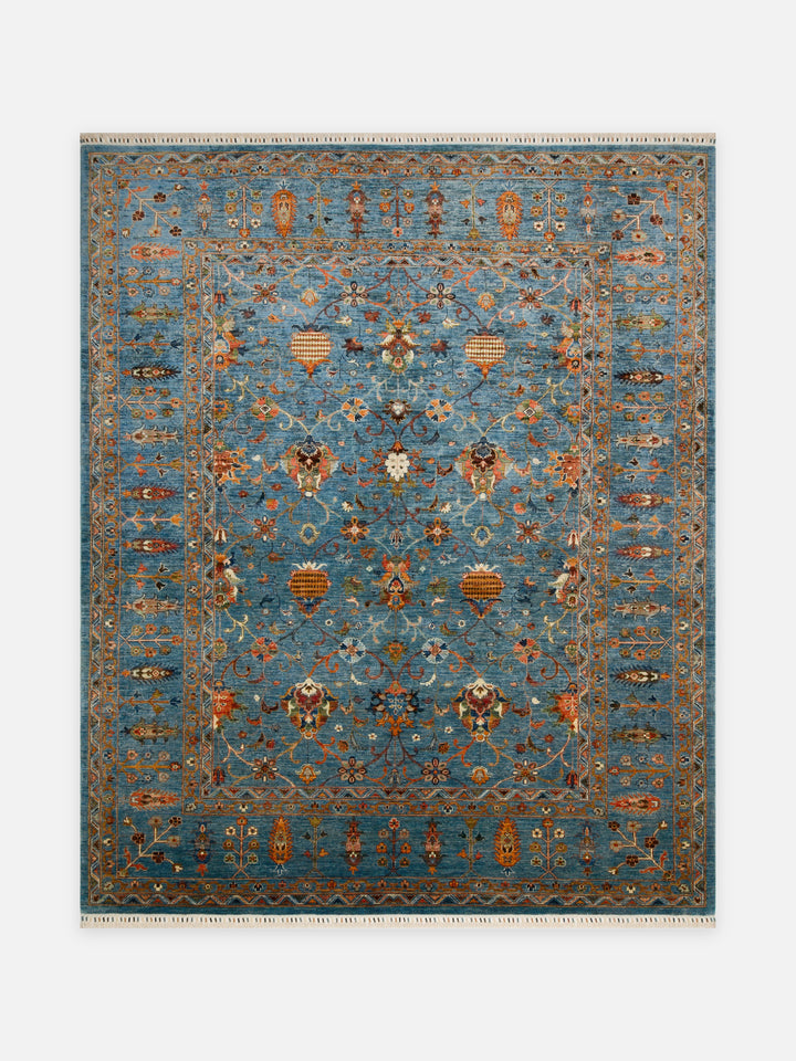 El dokuma Afgan halı petrol mavisi bahar dalı desenli 242x291 cm kuşbakışı tam görünüm