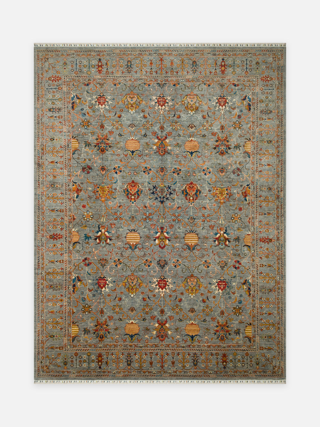 El dokuma Afgan halı gri gül rozeti desenli 273x360 cm kuşbakışı tam görünüm