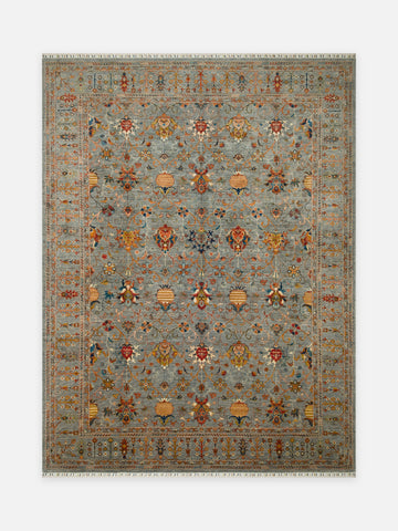 El dokuma Afgan halı gri gül rozeti desenli 273x360 cm kuşbakışı tam görünüm