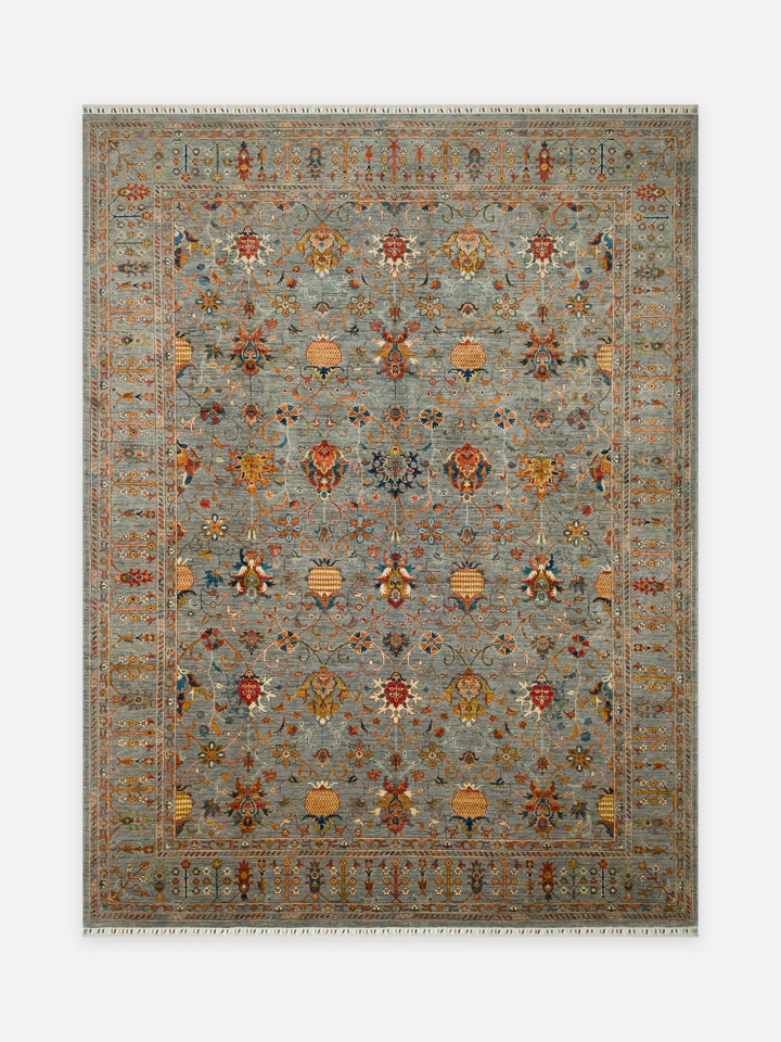 El dokuma Afgan halı gri gül rozeti desenli 273x360 cm kuşbakışı tam görünüm
