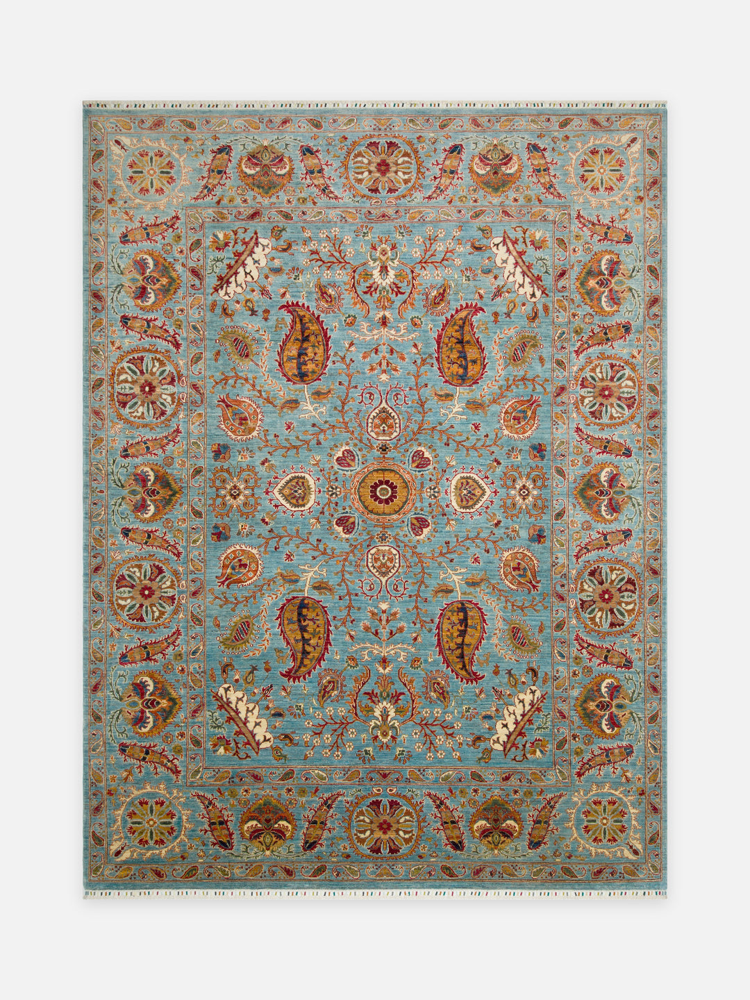 El dokuma Afgan halı türkuaz suzani şal desenli 258x347 cm kuşbakışı tam görünüm