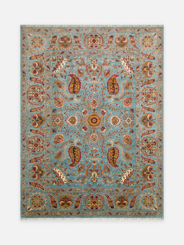 El dokuma Afgan halı türkuaz suzani şal desenli 258x347 cm kuşbakışı tam görünüm