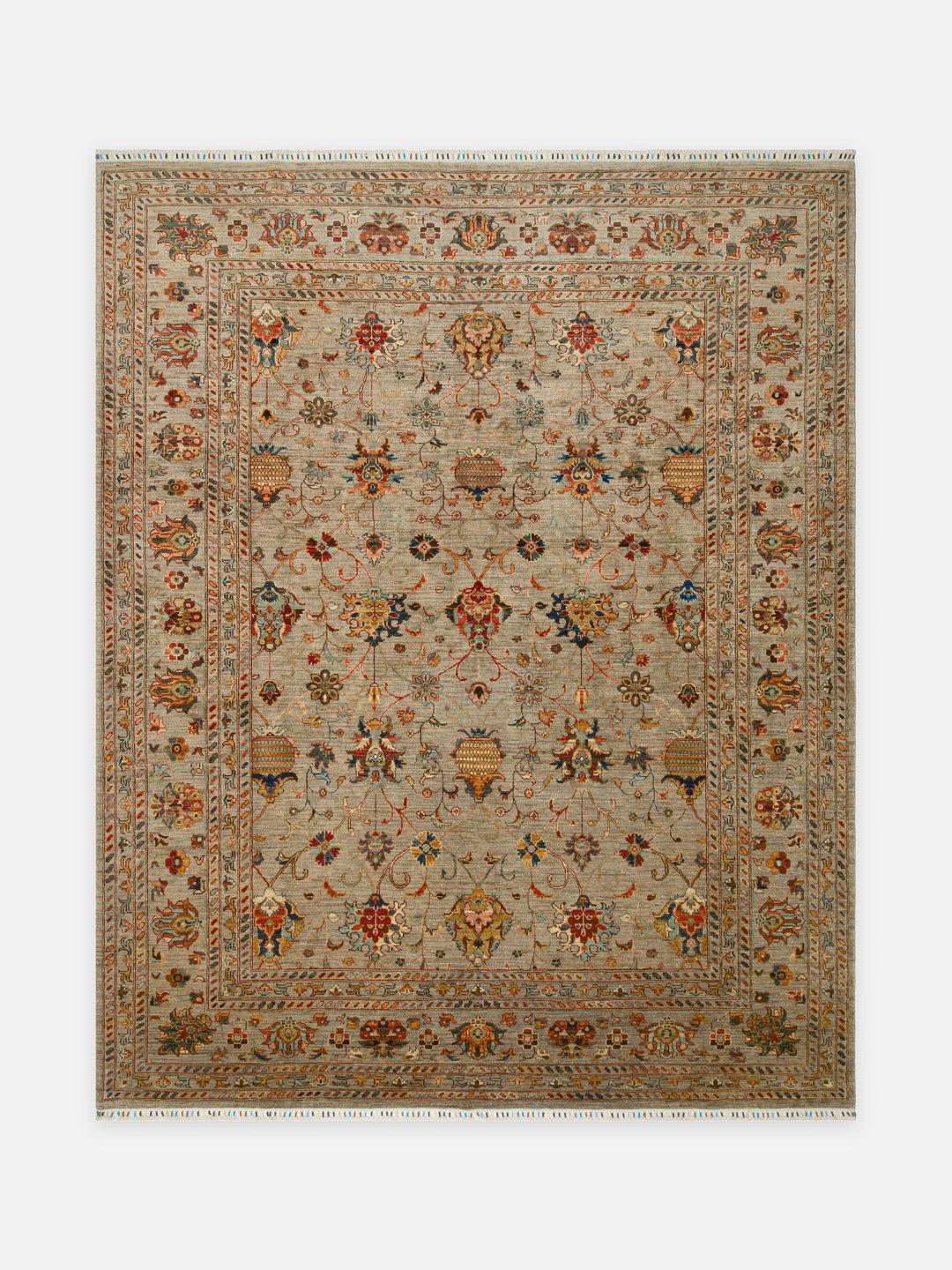 El dokuma Afgan halı taş beji sultanabad bahçe desenli 252x316 cm kuşbakışı tam görünüm