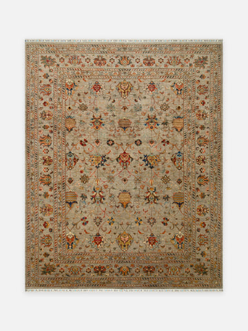 El dokuma Afgan halı taş beji sultanabad bahçe desenli 252x316 cm kuşbakışı tam görünüm