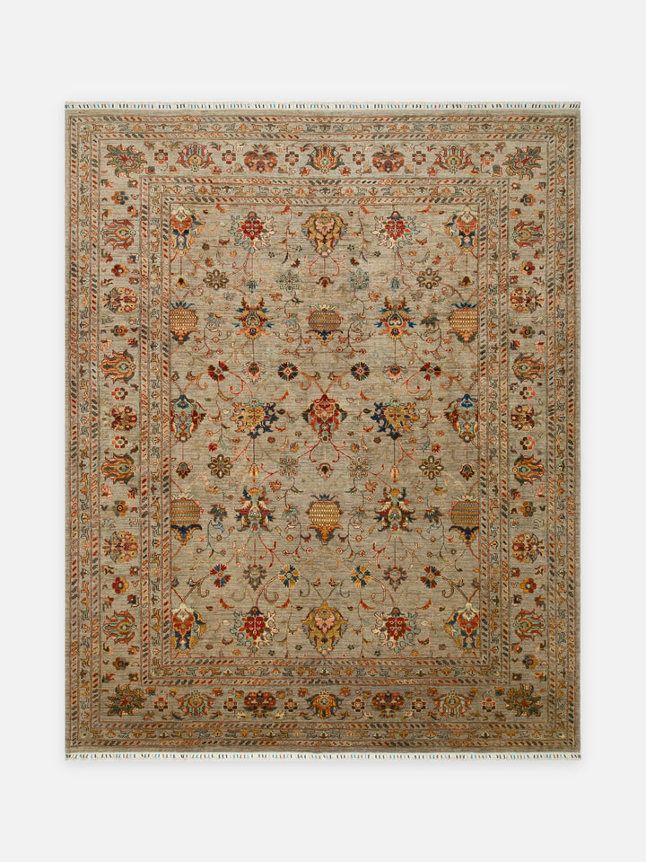 El dokuma Afgan halı taş beji sultanabad bahçe desenli 252x316 cm kuşbakışı tam görünüm