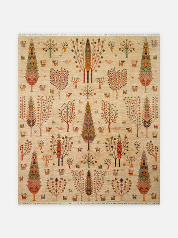 El dokuma Afgan halı krem hayat ağacı desenli 249x292 cm kuşbakışı tam görünüm