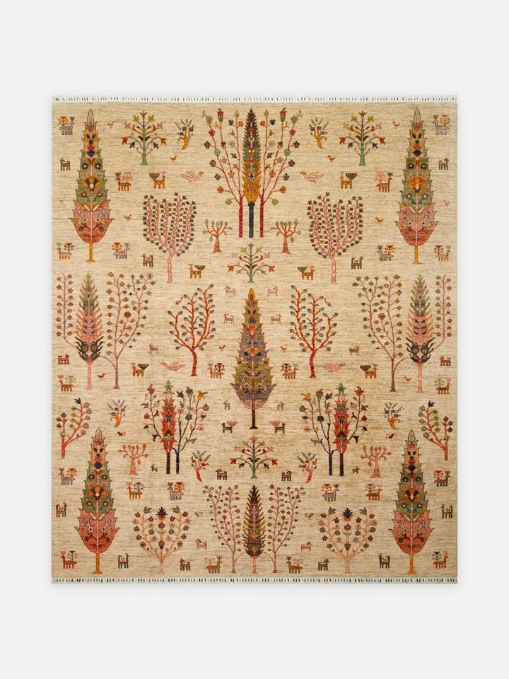 El dokuma Afgan halı krem hayat ağacı desenli 249x292 cm kuşbakışı tam görünüm