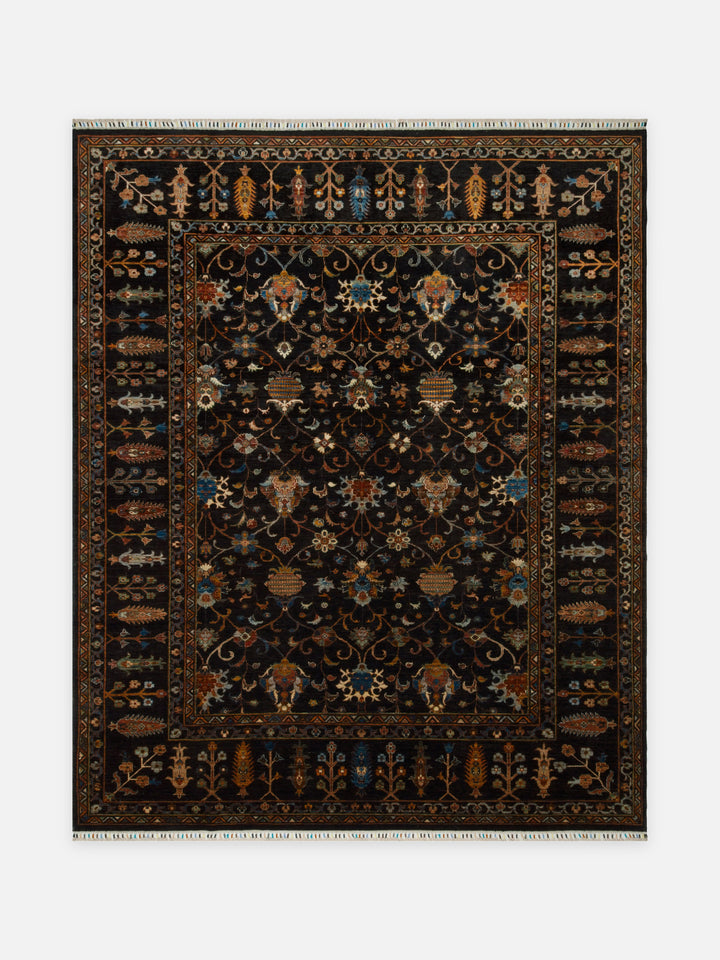El dokuma Afgan halı gece siyahı sultanabad çiçek desenli 241x294 cm kuşbakışı tam görünüm