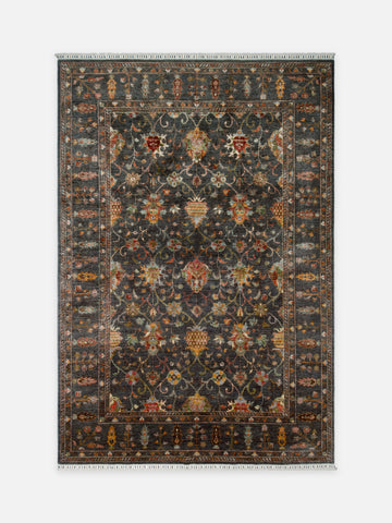 El dokuma Afgan halı antrasit vazo çiçek desenli 207x301 cm kuşbakışı tam görünüm
