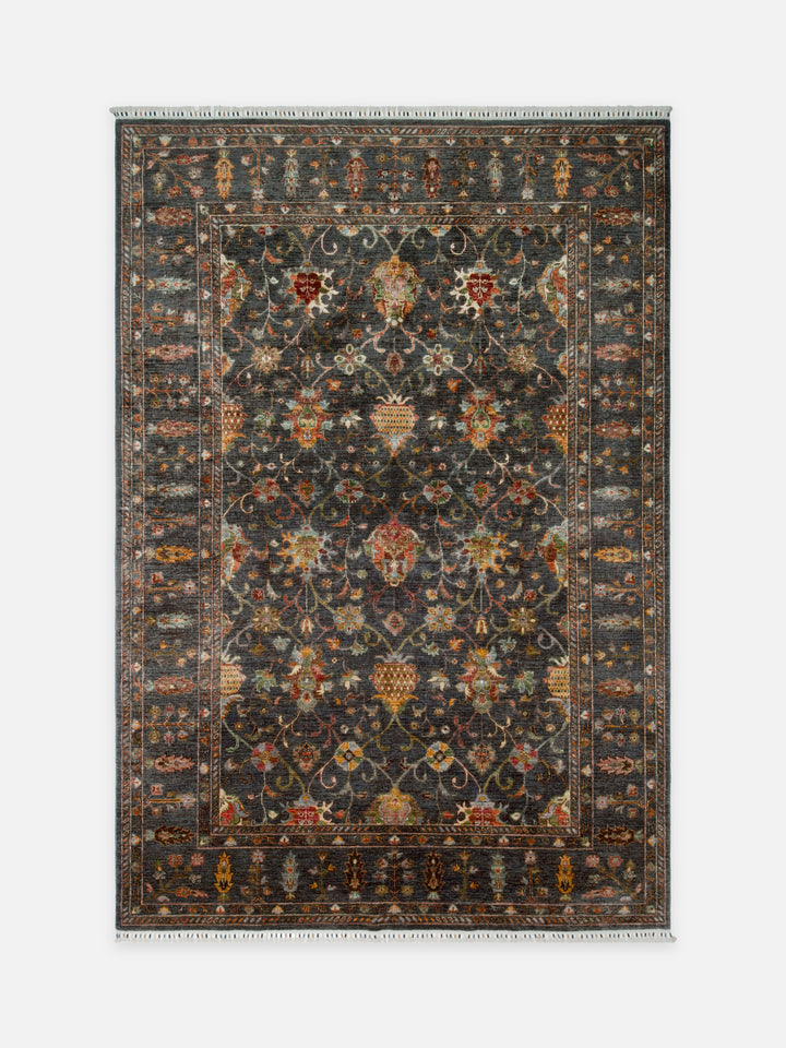 El dokuma Afgan halı antrasit vazo çiçek desenli 207x301 cm kuşbakışı tam görünüm