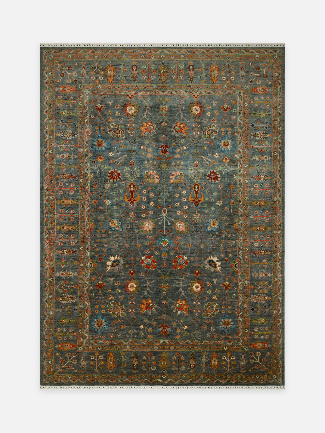 El dokuma Afgan halı çelik mavisi bitkisel dal desenli 262x367 cm kuşbakışı tam görünüm