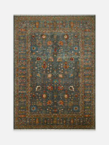 El dokuma Afgan halı çelik mavisi bitkisel dal desenli 262x367 cm kuşbakışı tam görünüm