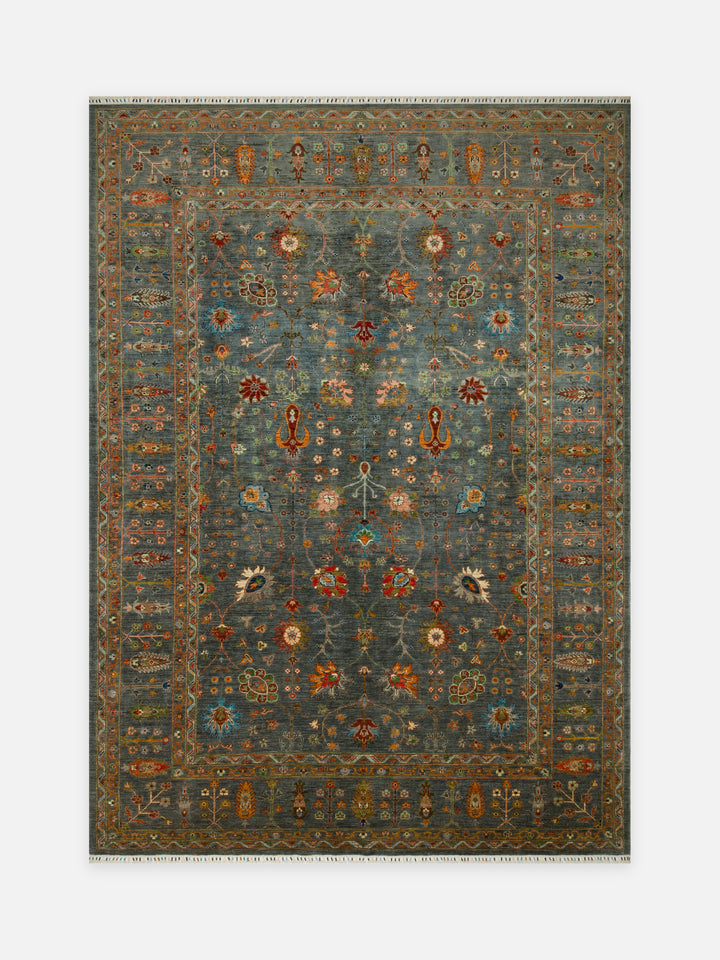 El dokuma Afgan halı çelik mavisi bitkisel dal desenli 262x367 cm kuşbakışı tam görünüm