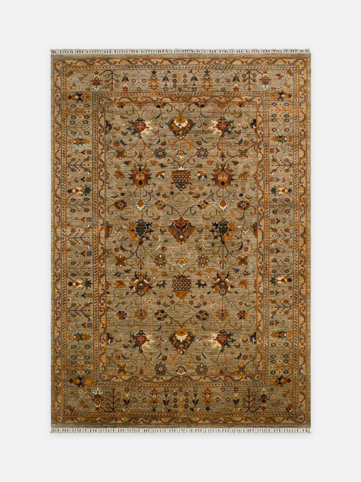 El dokuma Afgan halı adaçayı yeşili sultanabad çiçek 208x301 cm kuşbakışı tam görünüm