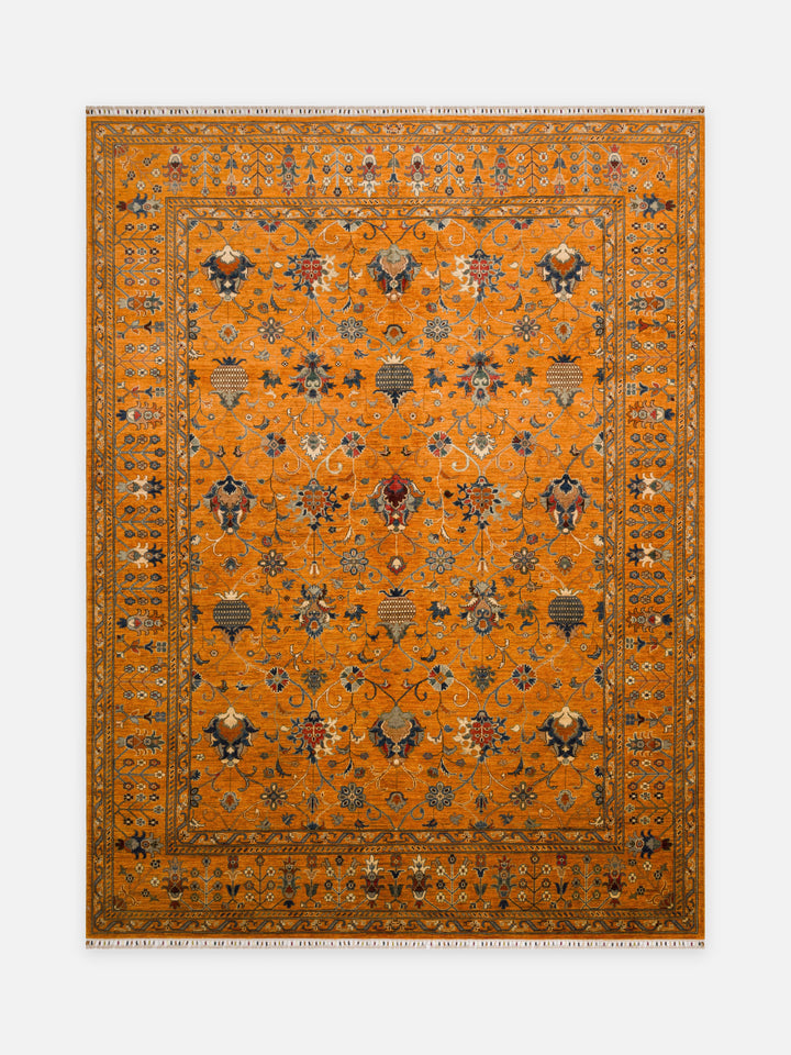 El dokuma Afgan halı amber serpme çiçek 268x358 cm kuşbakışı tam görünüm